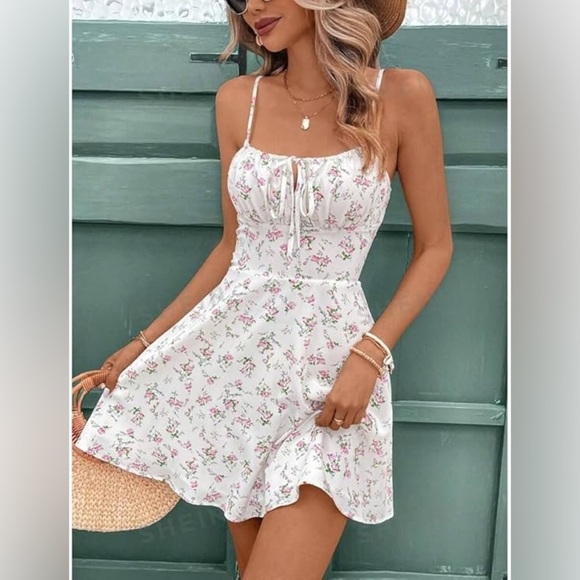 Pink Floral Knee Length White Sundress Dress M - Picture 4 of 8